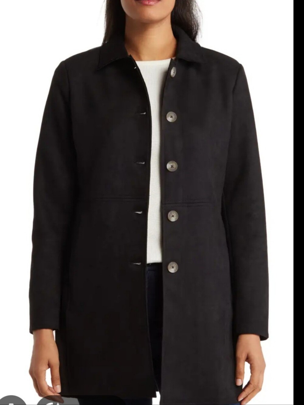 Tahari Faux Suede Car Coat Black Single-Breasted Trench Coat